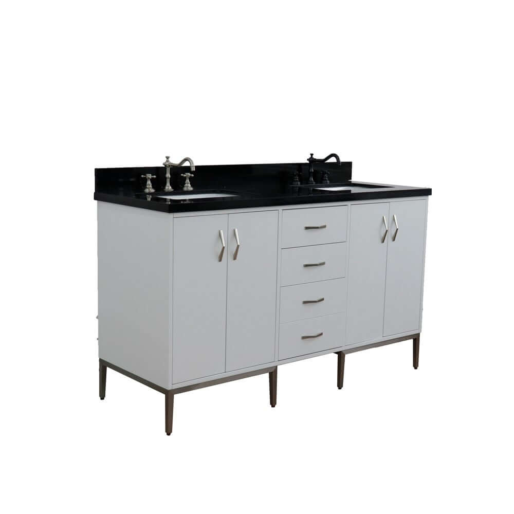 61" Double sink vanity in White finish with Black galaxy granite and rectangle sink - 408001-61D-WH-BGR