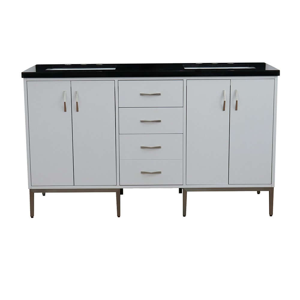 61" Double sink vanity in White finish with Black galaxy granite and rectangle sink - 408001-61D-WH-BGR