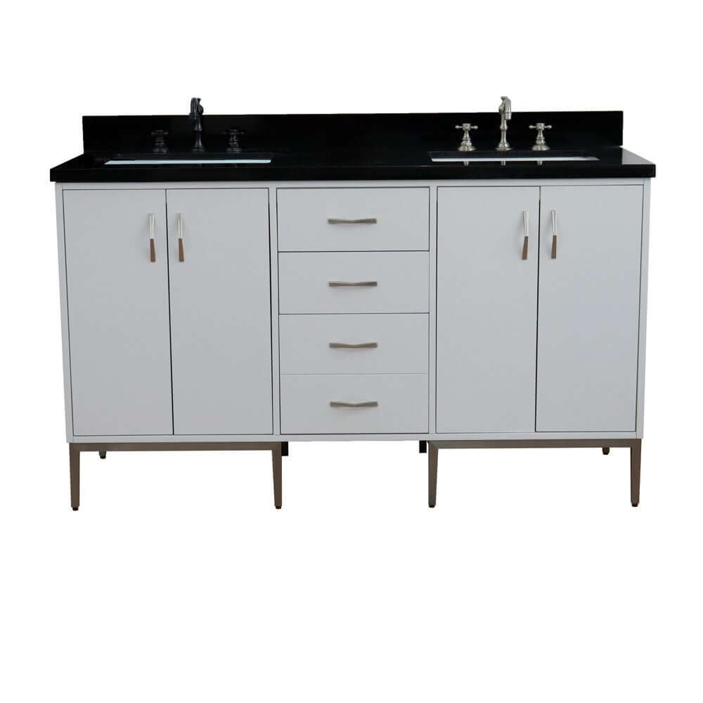 61" Double sink vanity in White finish with Black galaxy granite and rectangle sink - 408001-61D-WH-BGR