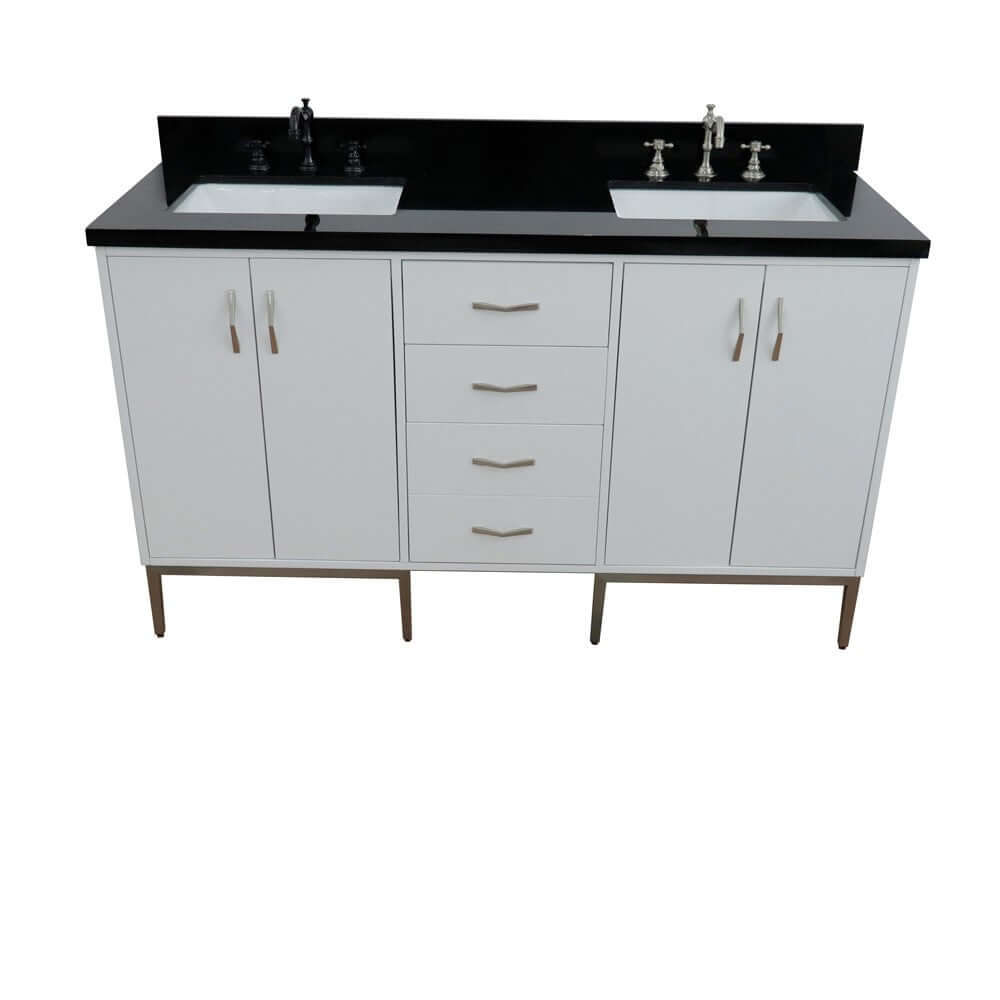 61" Double sink vanity in White finish with Black galaxy granite and rectangle sink - 408001-61D-WH-BGR