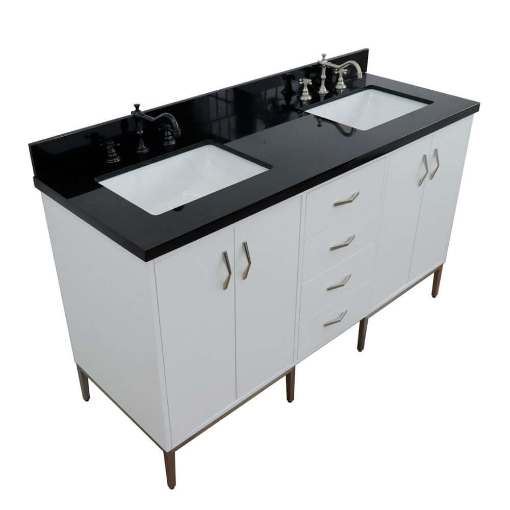 61" Double sink vanity in White finish with Black galaxy granite and rectangle sink - 408001-61D-WH-BGR