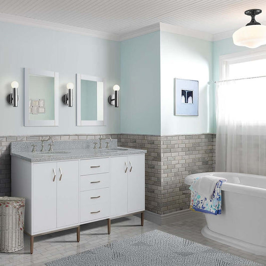 61" Double sink vanity in White finish with Gray granite and oval sink - 408001-61D-WH-GYO