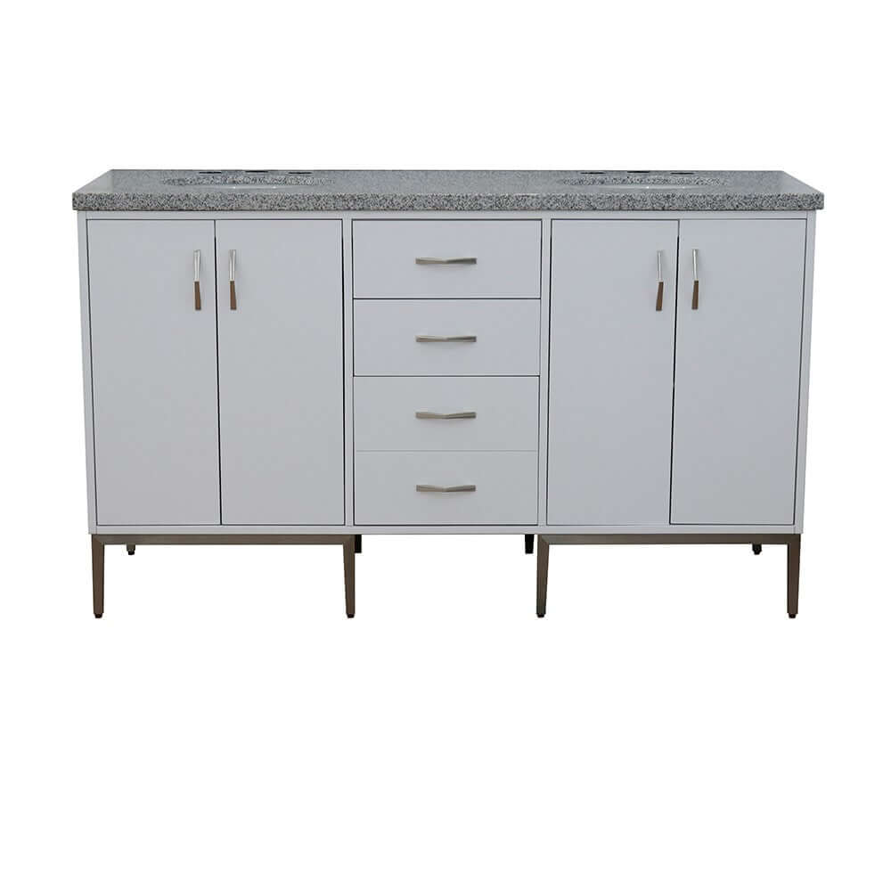 61" Double sink vanity in White finish with Gray granite and oval sink - 408001-61D-WH-GYO