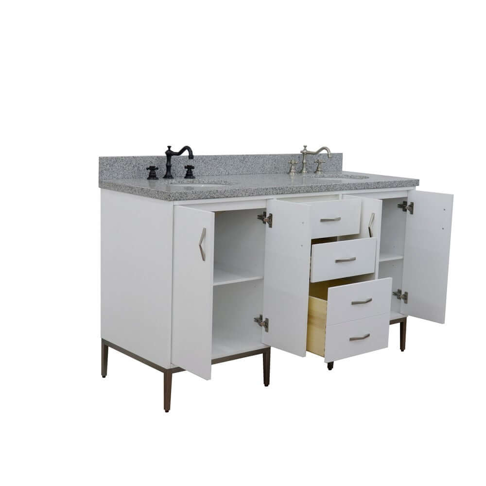 61" Double sink vanity in White finish with Gray granite and oval sink - 408001-61D-WH-GYO