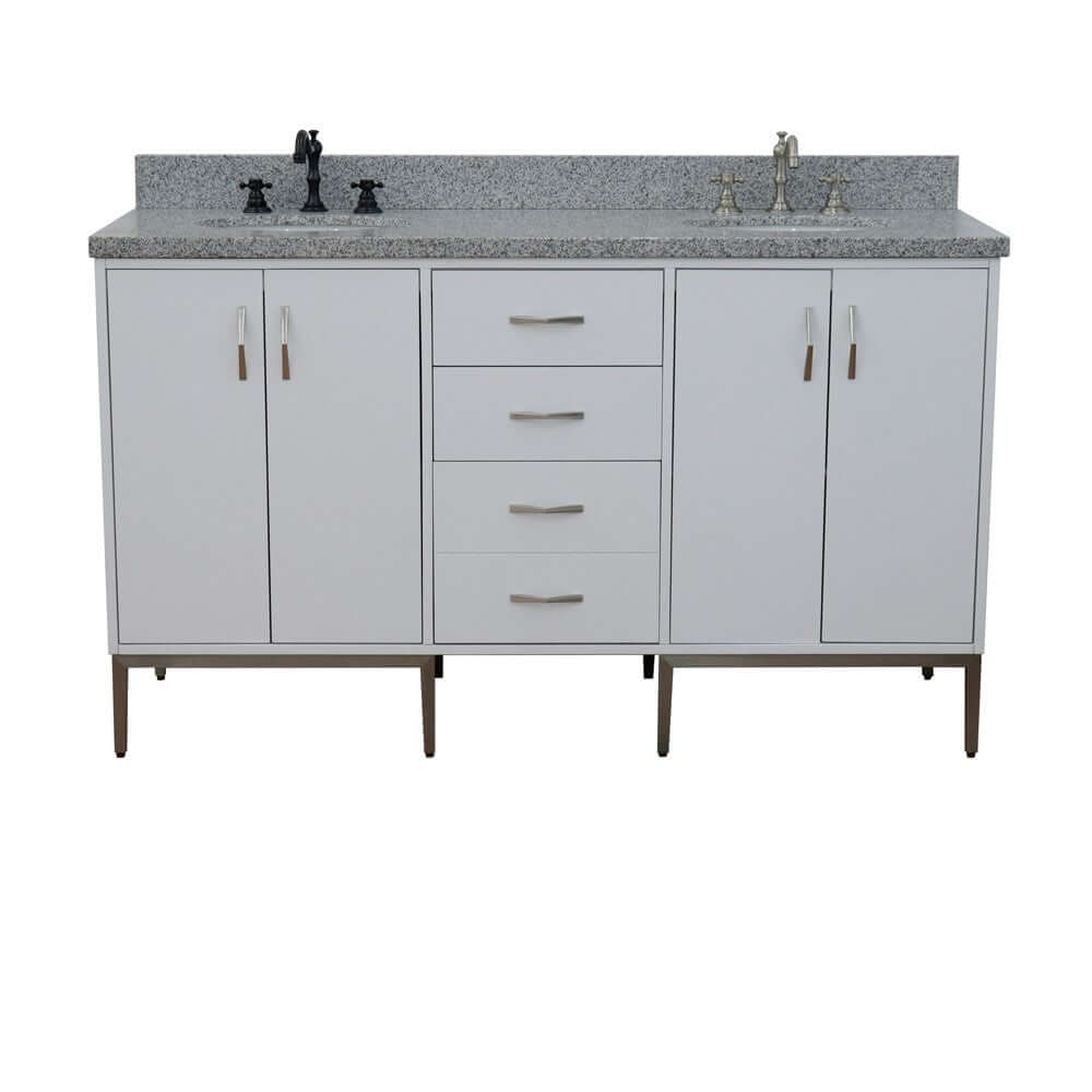 61" Double sink vanity in White finish with Gray granite and oval sink - 408001-61D-WH-GYO