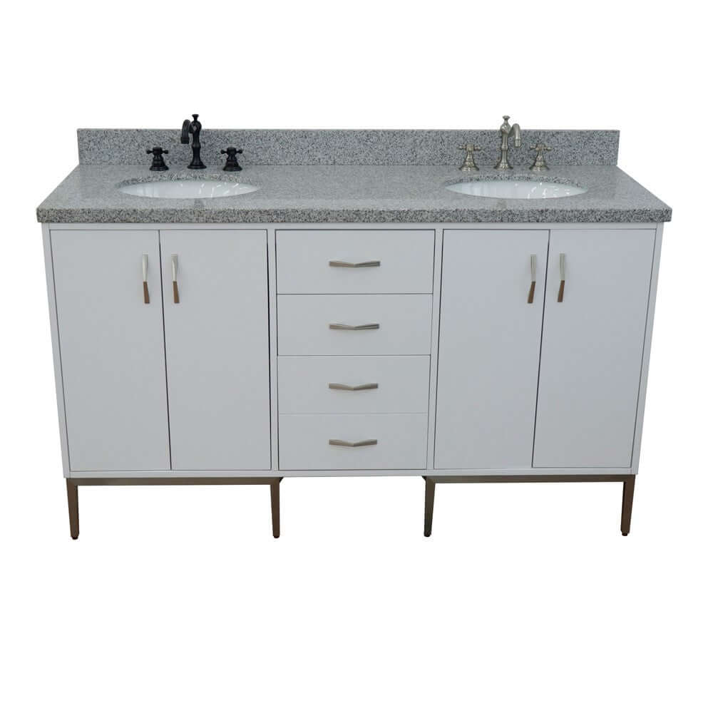 61" Double sink vanity in White finish with Gray granite and oval sink - 408001-61D-WH-GYO