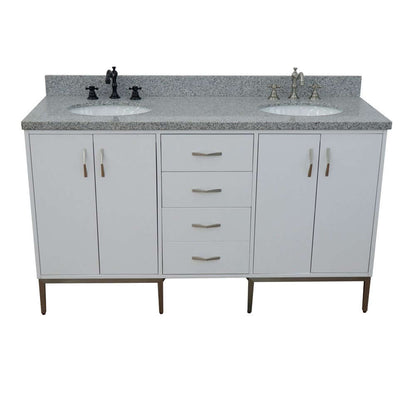 61" Double sink vanity in White finish with Gray granite and oval sink - 408001-61D-WH-GYO