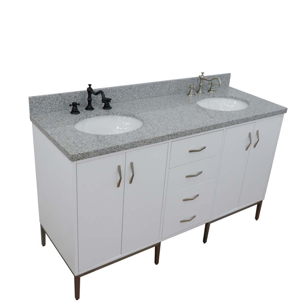 61" Double sink vanity in White finish with Gray granite and oval sink - 408001-61D-WH-GYO