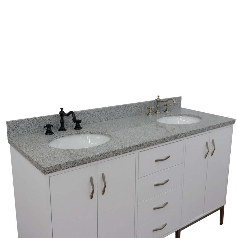 61" Double sink vanity in White finish with Gray granite and oval sink - 408001-61D-WH-GYO