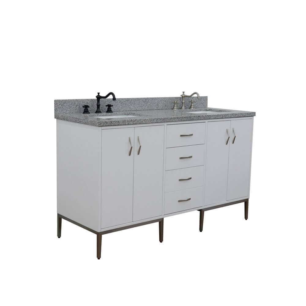 61" Double sink vanity in White finish with Gray granite and rectangle sink - 408001-61D-WH-GYR