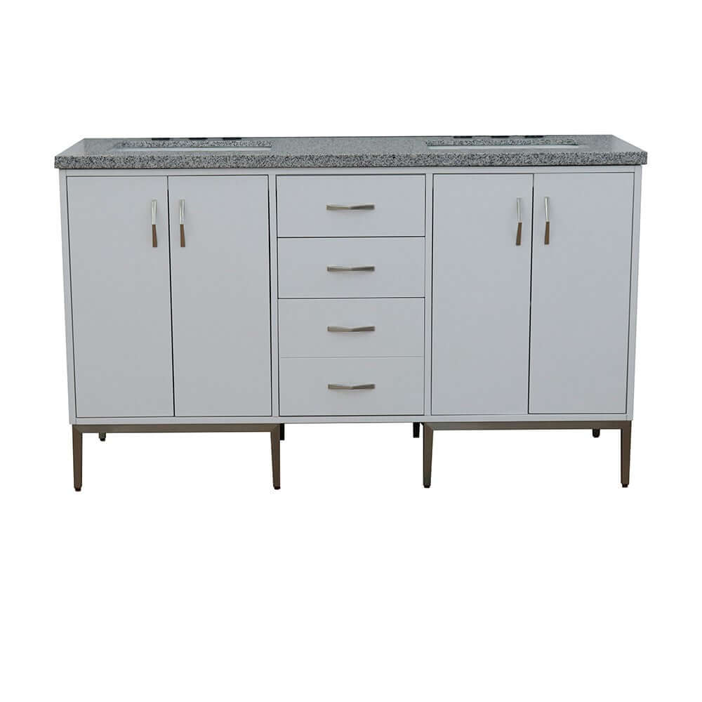 61" Double sink vanity in White finish with Gray granite and rectangle sink - 408001-61D-WH-GYR