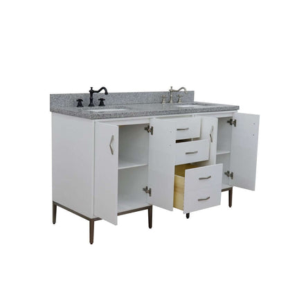 61" Double sink vanity in White finish with Gray granite and rectangle sink - 408001-61D-WH-GYR