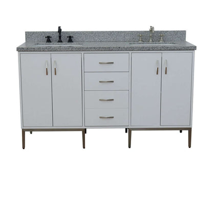 61" Double sink vanity in White finish with Gray granite and rectangle sink - 408001-61D-WH-GYR