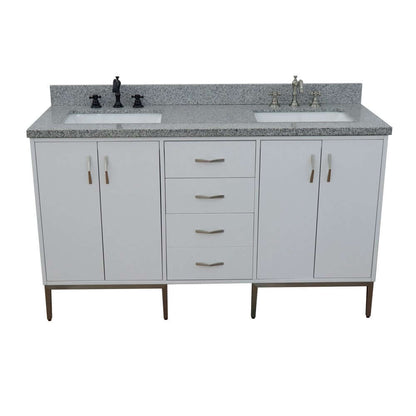 61" Double sink vanity in White finish with Gray granite and rectangle sink - 408001-61D-WH-GYR