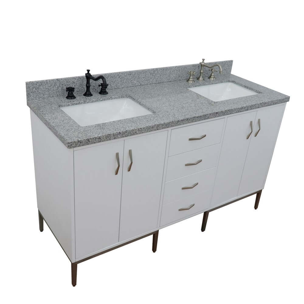 61" Double sink vanity in White finish with Gray granite and rectangle sink - 408001-61D-WH-GYR