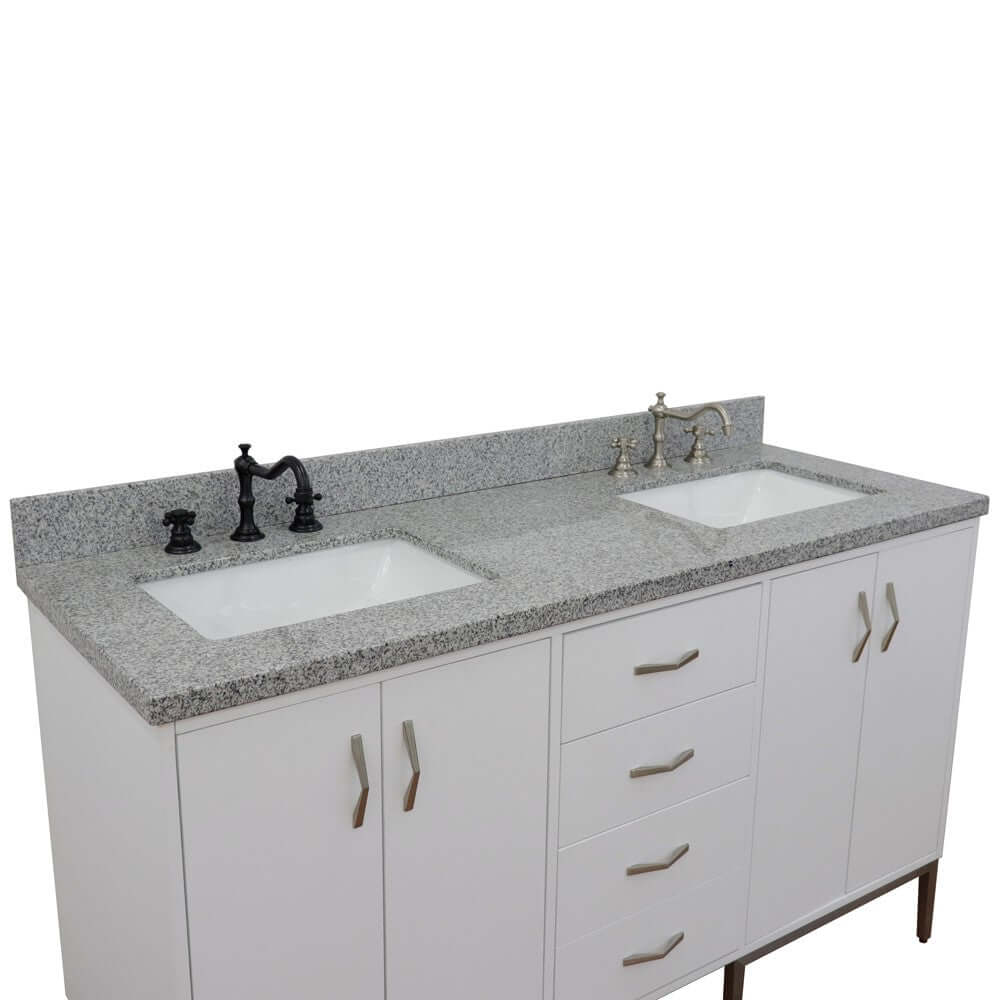 61" Double sink vanity in White finish with Gray granite and rectangle sink - 408001-61D-WH-GYR