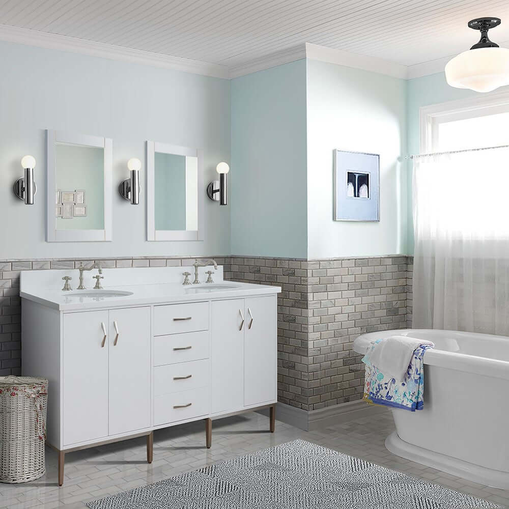 61" Double sink vanity in White finish with White quartz and oval sink - 408001-61D-WH-WEO