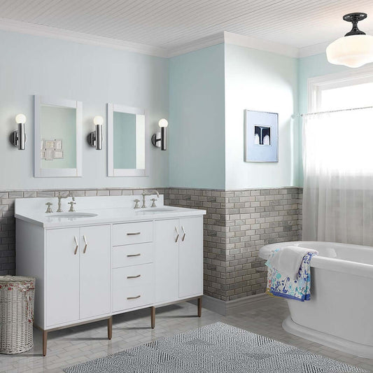 61" Double sink vanity in White finish with White quartz and oval sink - 408001-61D-WH-WEO