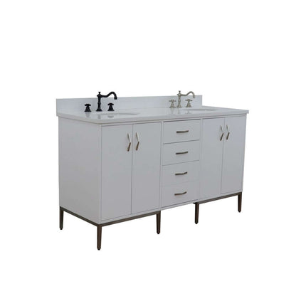 61" Double sink vanity in White finish with White quartz and oval sink - 408001-61D-WH-WEO