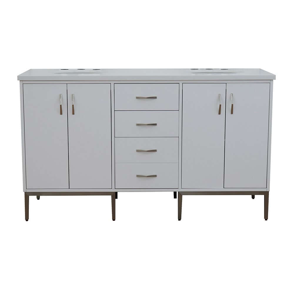 61" Double sink vanity in White finish with White quartz and oval sink - 408001-61D-WH-WEO