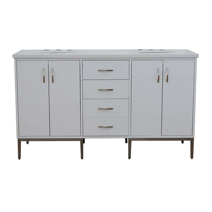 61" Double sink vanity in White finish with White quartz and oval sink - 408001-61D-WH-WEO