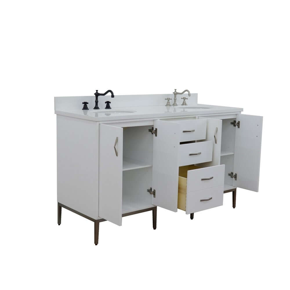 61" Double sink vanity in White finish with White quartz and oval sink - 408001-61D-WH-WEO