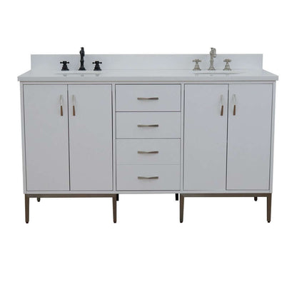 61" Double sink vanity in White finish with White quartz and oval sink - 408001-61D-WH-WEO