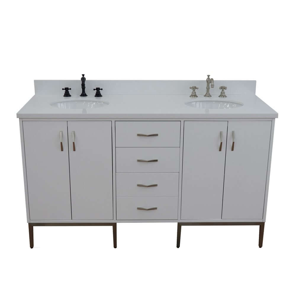 61" Double sink vanity in White finish with White quartz and oval sink - 408001-61D-WH-WEO