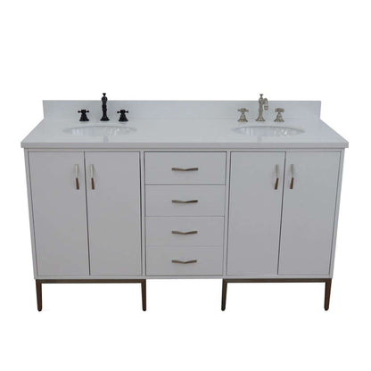 61" Double sink vanity in White finish with White quartz and oval sink - 408001-61D-WH-WEO