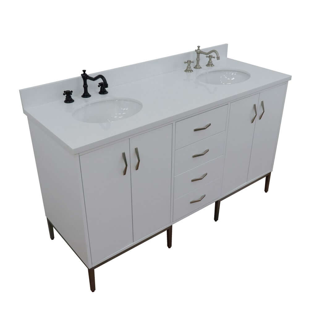 61" Double sink vanity in White finish with White quartz and oval sink - 408001-61D-WH-WEO