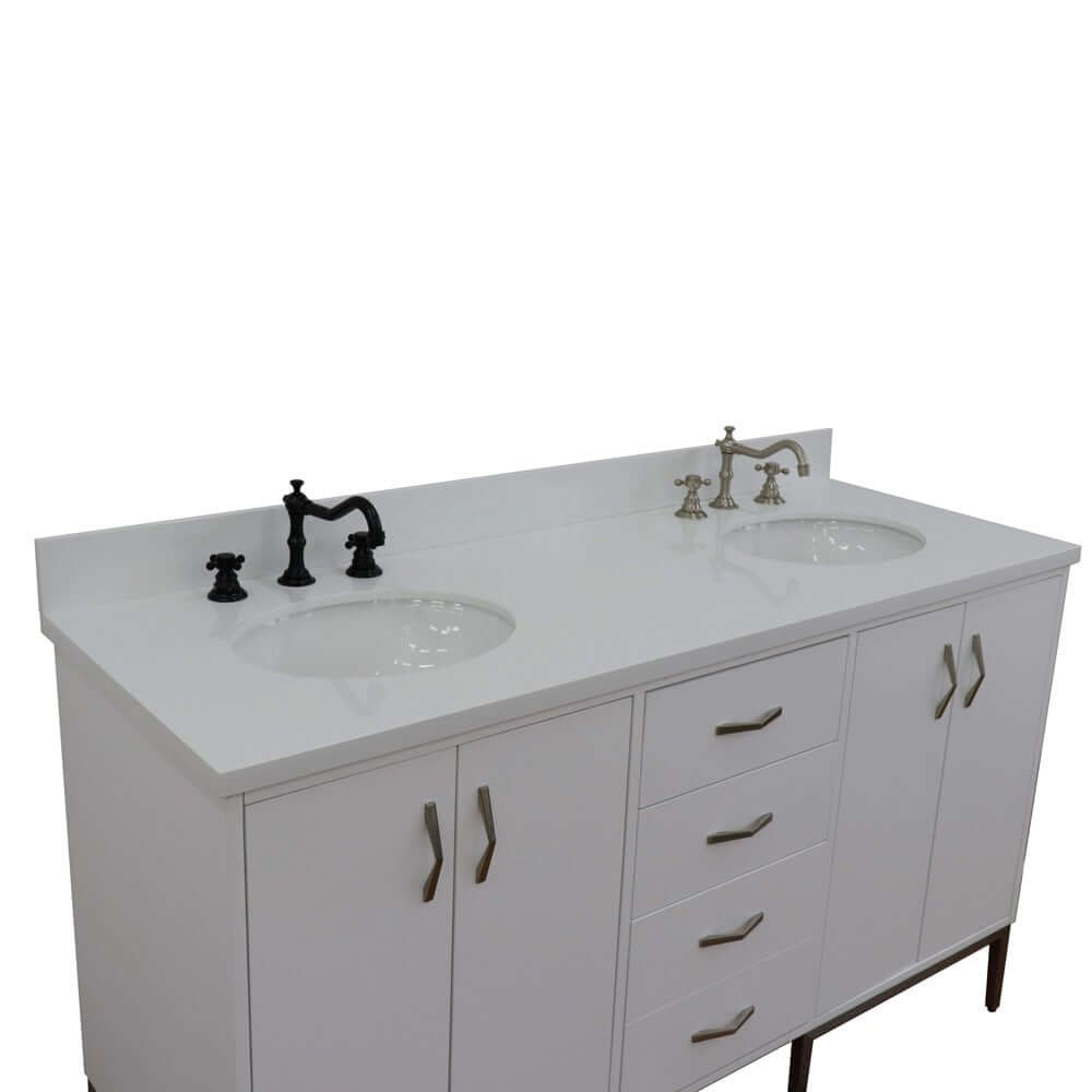 61" Double sink vanity in White finish with White quartz and oval sink - 408001-61D-WH-WEO