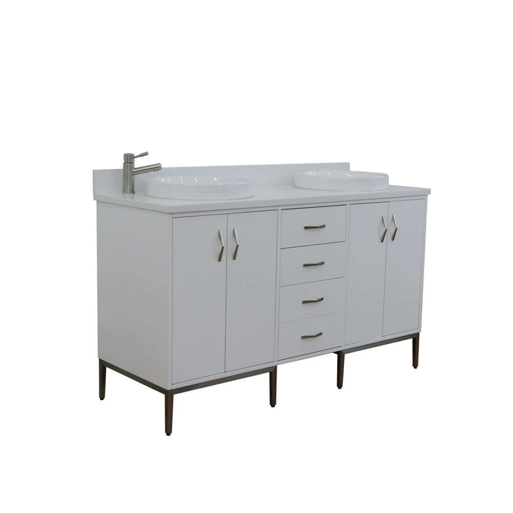 61" Double sink vanity in White finish with White quartz and round sink - 408001-61D-WH-WERD