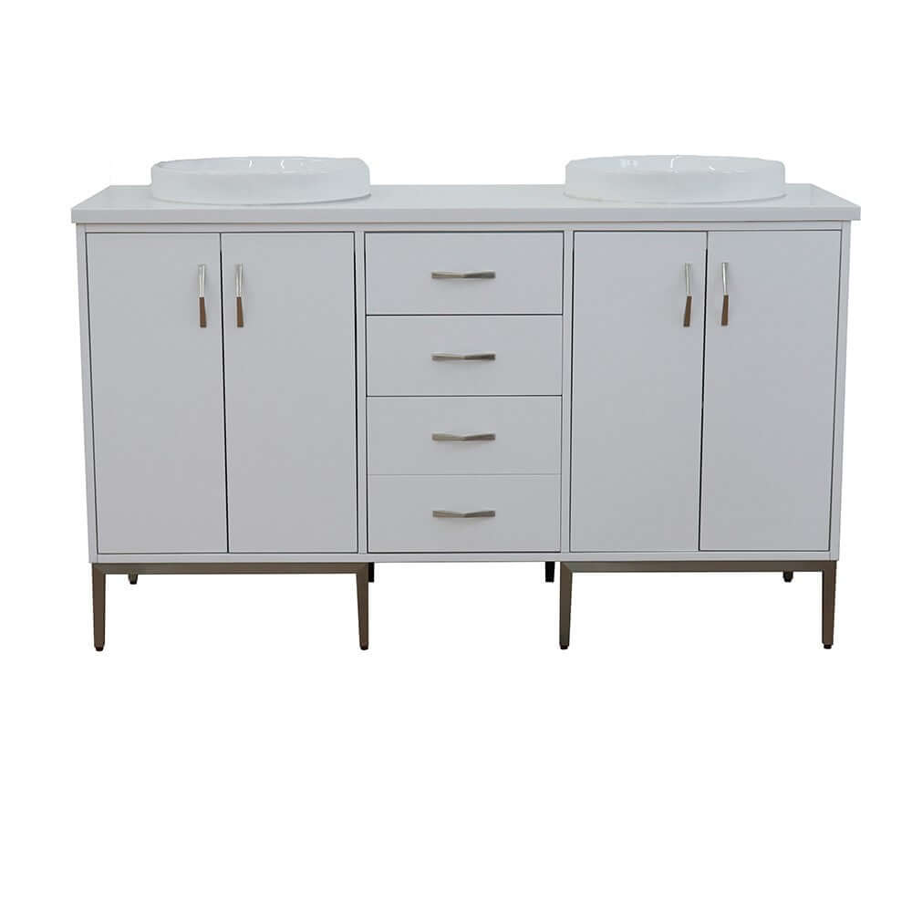 61" Double sink vanity in White finish with White quartz and round sink - 408001-61D-WH-WERD