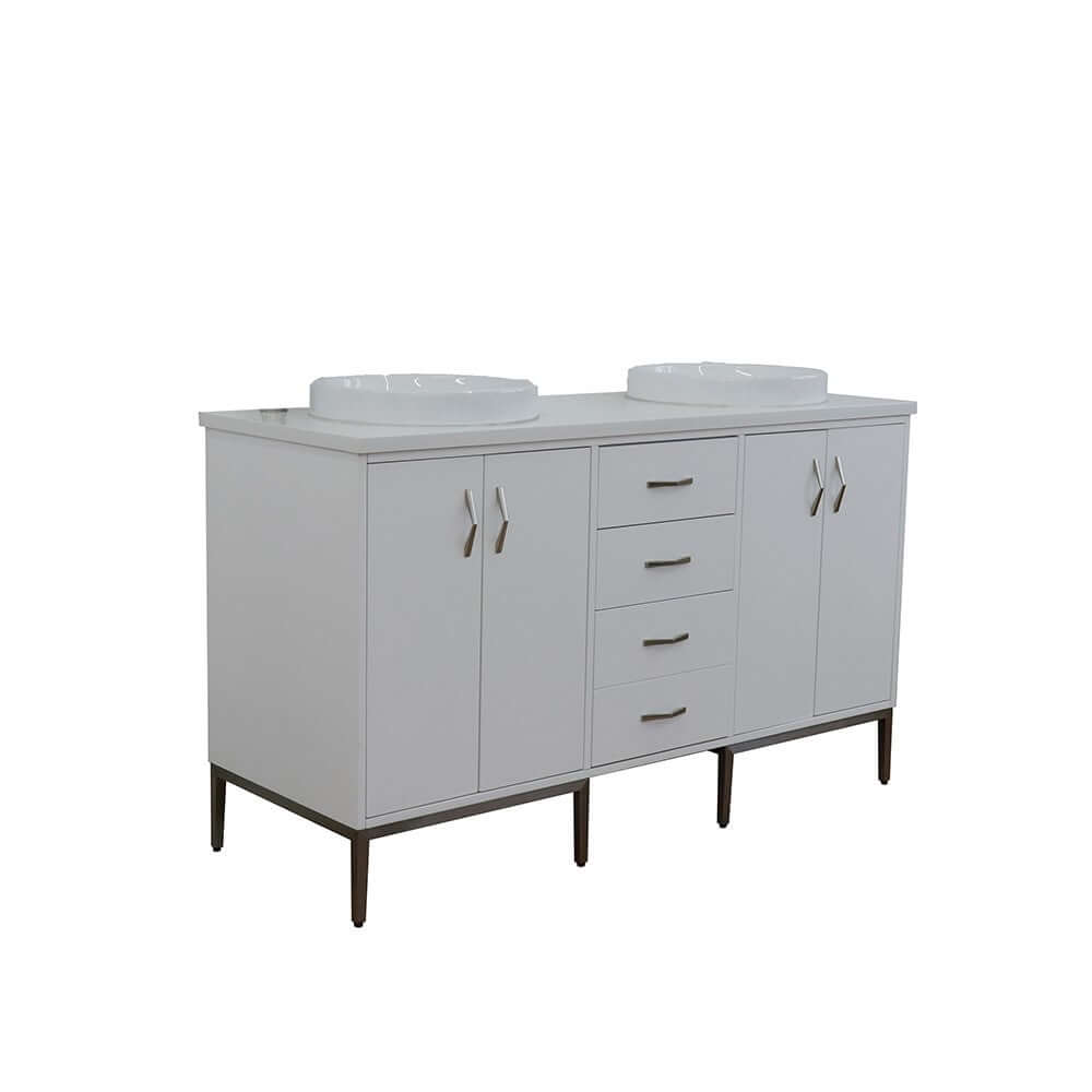 61" Double sink vanity in White finish with White quartz and round sink - 408001-61D-WH-WERD