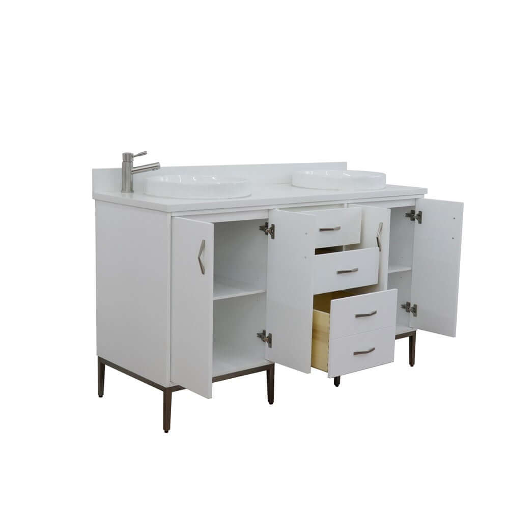 61" Double sink vanity in White finish with White quartz and round sink - 408001-61D-WH-WERD