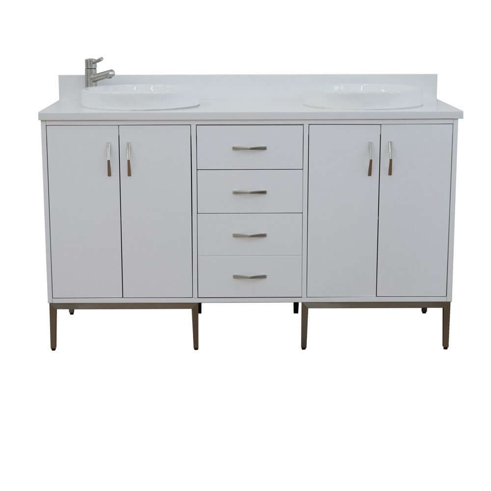 61" Double sink vanity in White finish with White quartz and round sink - 408001-61D-WH-WERD