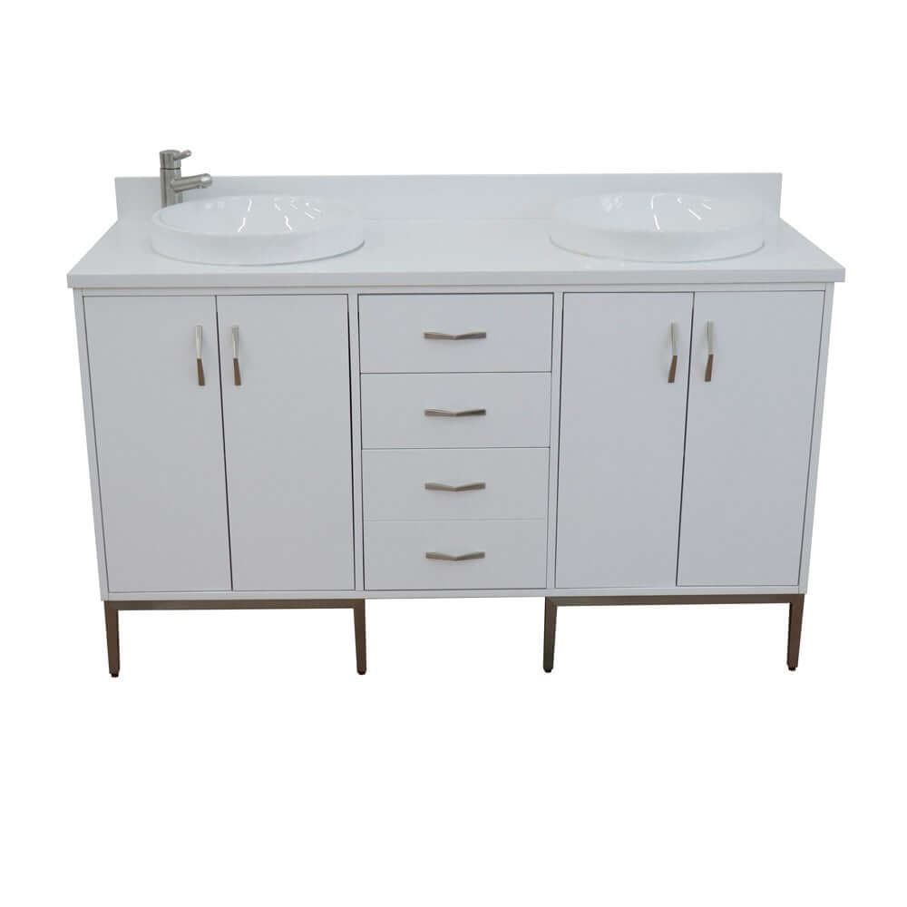 61" Double sink vanity in White finish with White quartz and round sink - 408001-61D-WH-WERD