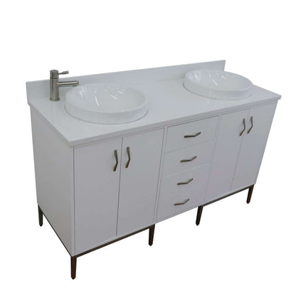 61" Double sink vanity in White finish with White quartz and round sink - 408001-61D-WH-WERD