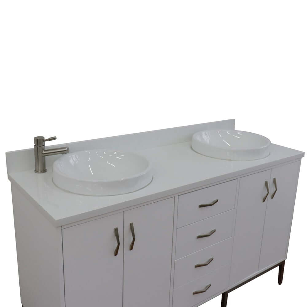 61" Double sink vanity in White finish with White quartz and round sink - 408001-61D-WH-WERD