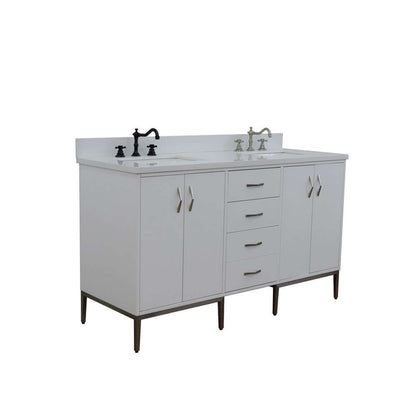 61" Double sink vanity in White finish with White quartz and rectangle sink - 408001-61D-WH-WER