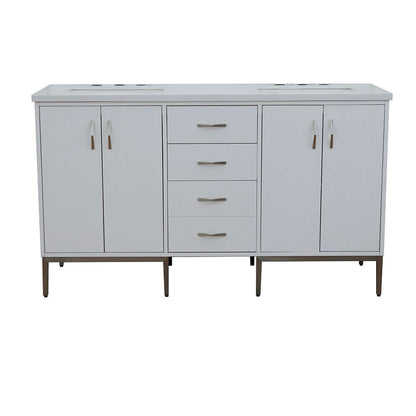 61" Double sink vanity in White finish with White quartz and rectangle sink - 408001-61D-WH-WER