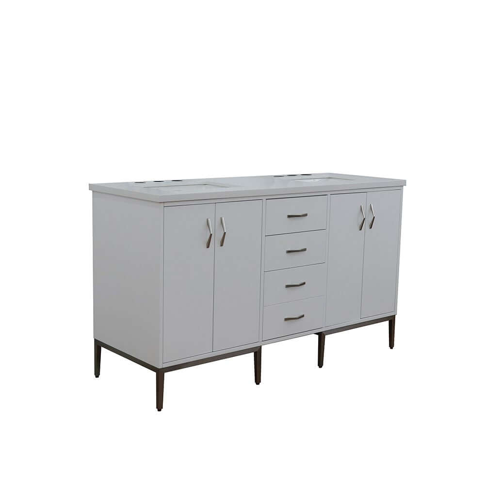 61" Double sink vanity in White finish with White quartz and rectangle sink - 408001-61D-WH-WER