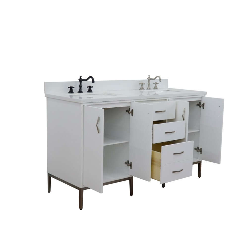 61" Double sink vanity in White finish with White quartz and rectangle sink - 408001-61D-WH-WER