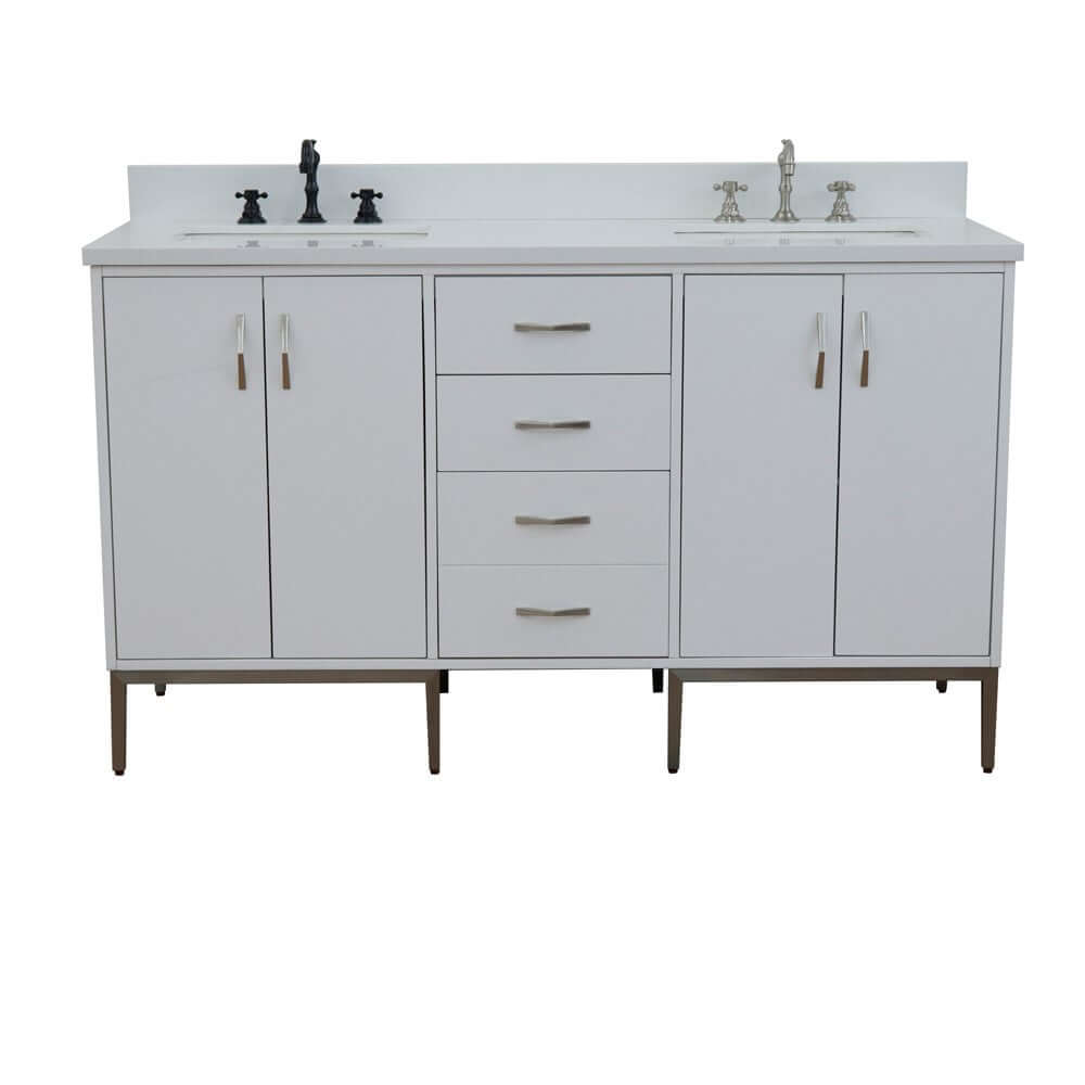 61" Double sink vanity in White finish with White quartz and rectangle sink - 408001-61D-WH-WER