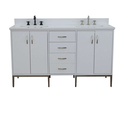 61" Double sink vanity in White finish with White quartz and rectangle sink - 408001-61D-WH-WER