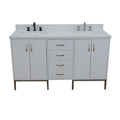 61" Double sink vanity in White finish with White quartz and rectangle sink - 408001-61D-WH-WER