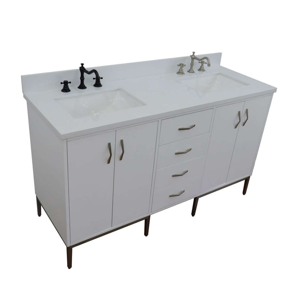 61" Double sink vanity in White finish with White quartz and rectangle sink - 408001-61D-WH-WER