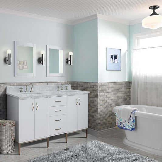 61" Double sink vanity in White finish with White Carrara marble and oval sink - 408001-61D-WH-WMO