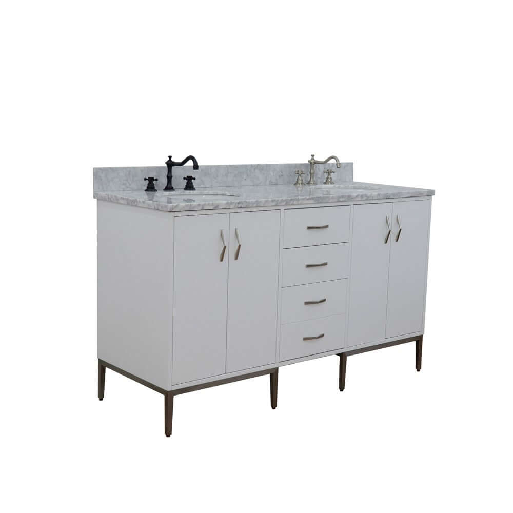 61" Double sink vanity in White finish with White Carrara marble and oval sink - 408001-61D-WH-WMO