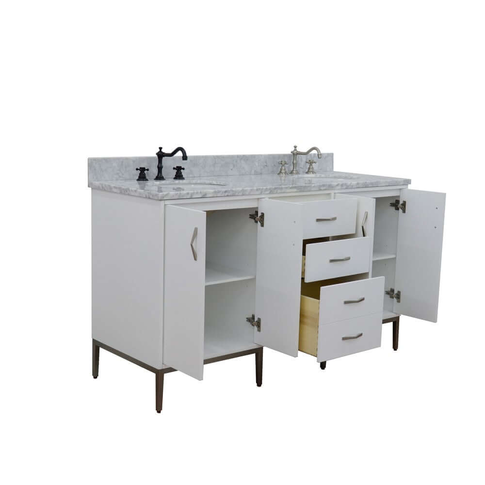 61" Double sink vanity in White finish with White Carrara marble and oval sink - 408001-61D-WH-WMO